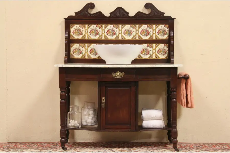Photo of Washstand, Server or Vessel Sink Vanity 1900 Antique Marble & Tile