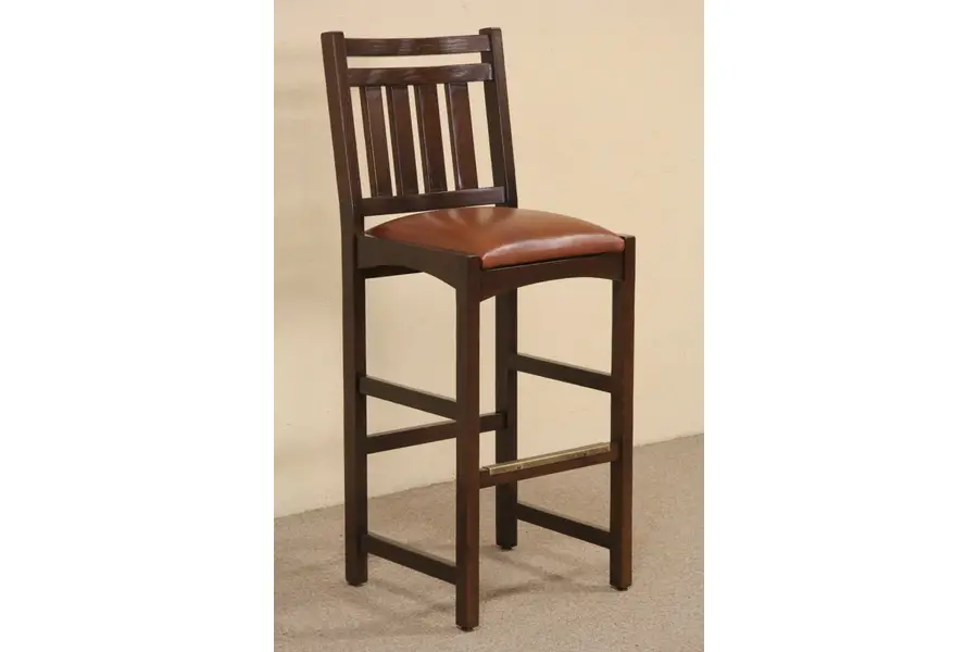 Photo of Mission Oak Arts & Crafts Style Vintage Barstool, Leather Seat