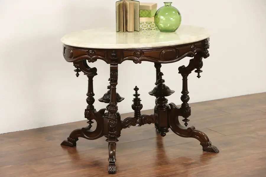 Photo of Victorian 1860's Antique Double Pedestal Lamp or Parlor Table, Marble Top