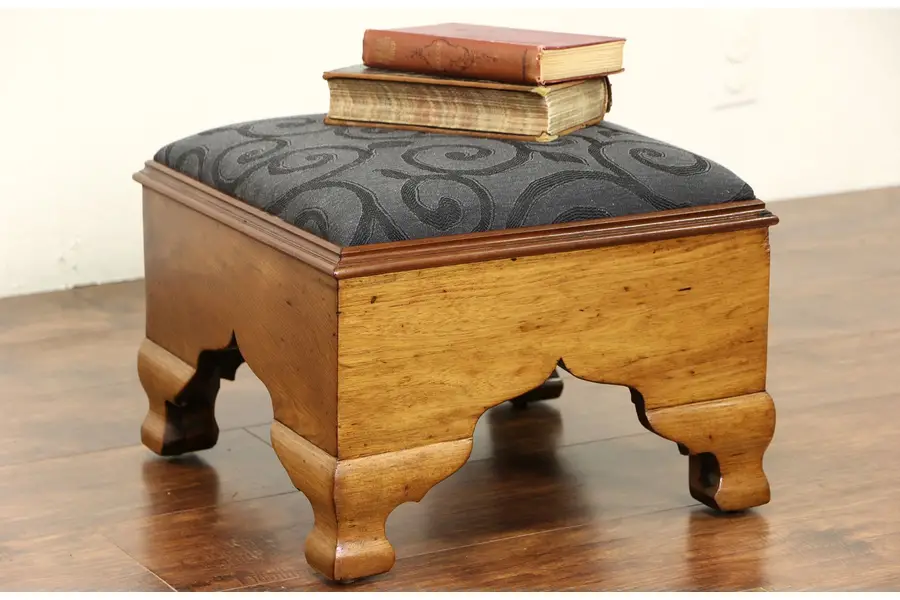 Photo of Empire 1830's Antique Butternut Footstool, New Upholstery