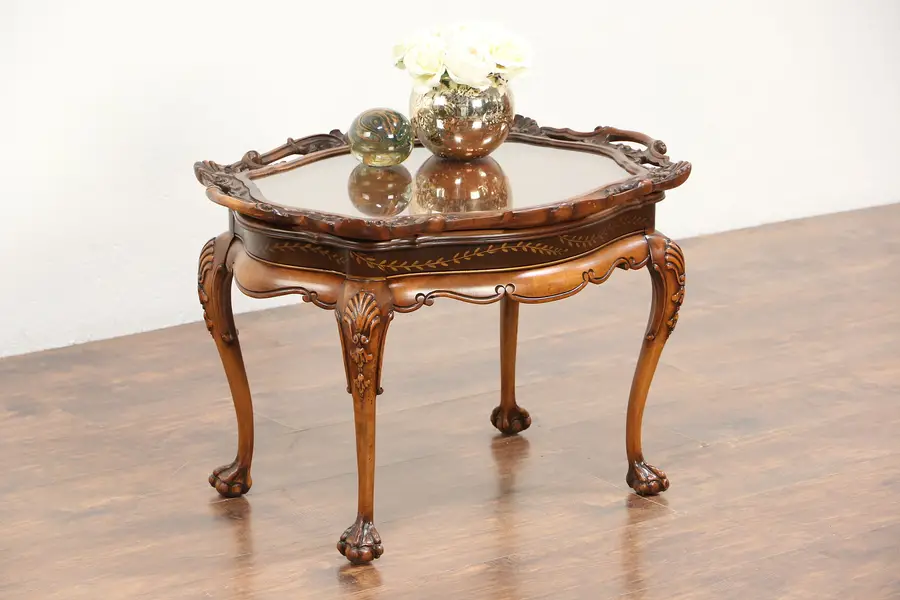 Photo of Carved Fruitwood 1930's Vintage Coffee Table, Glass Tray Top