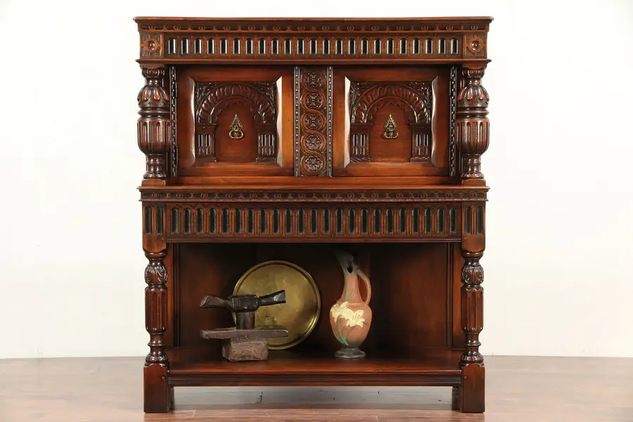 Photo of English Renaissance Antique Walnut China Cabinet, Signed Kittinger