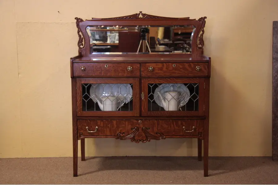 Photo of Oak Antique Sideboard or Buffet with Leaded Glass