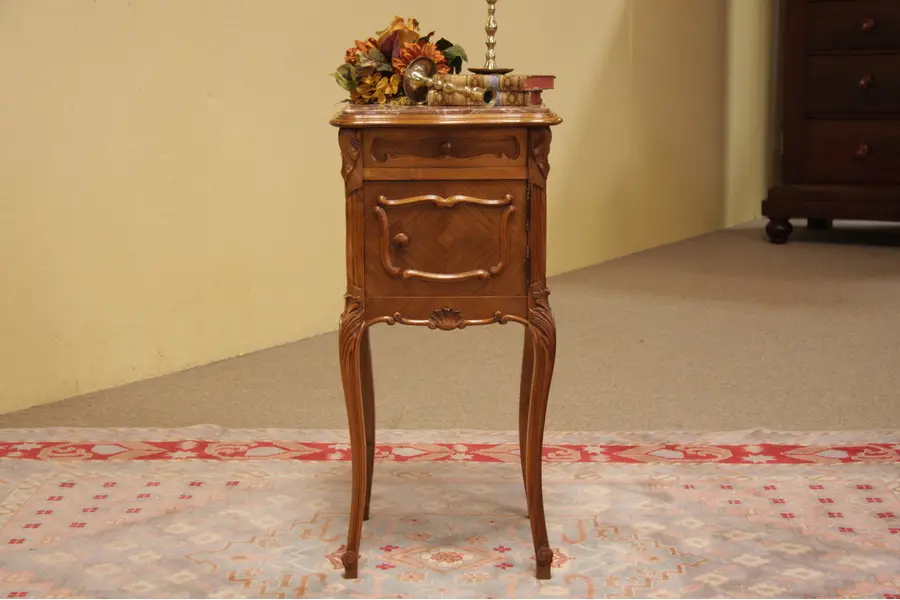 Photo of Antique Carved French Nightstand with Red Marble Top
