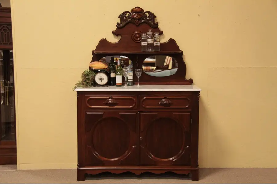 Photo of Victorian Carved Sideboard Buffet with Marble Top
