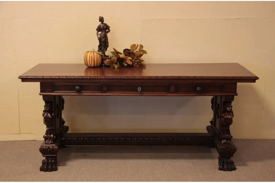 Photo of Library Table Writing Desk, Carved Lion Paws
