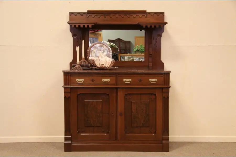 Photo of Victorian Eastlake Sideboard Buffet, Marble Top