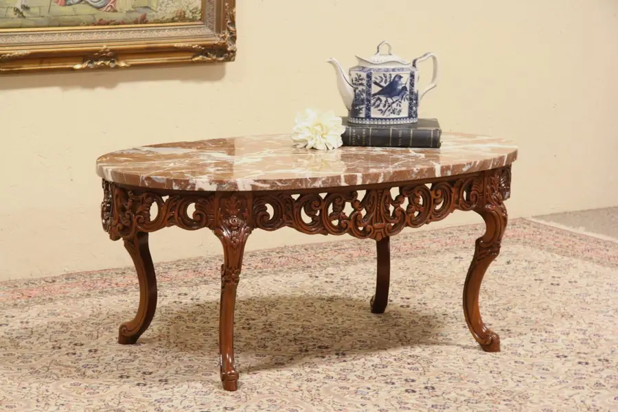 Photo of Oval Marble Top 1930's Vintage Carved Coffee or Cocktail Table