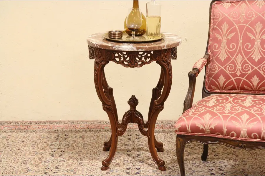 Photo of Round 23" Marble Top 1930's Vintage Carved Lamp Table