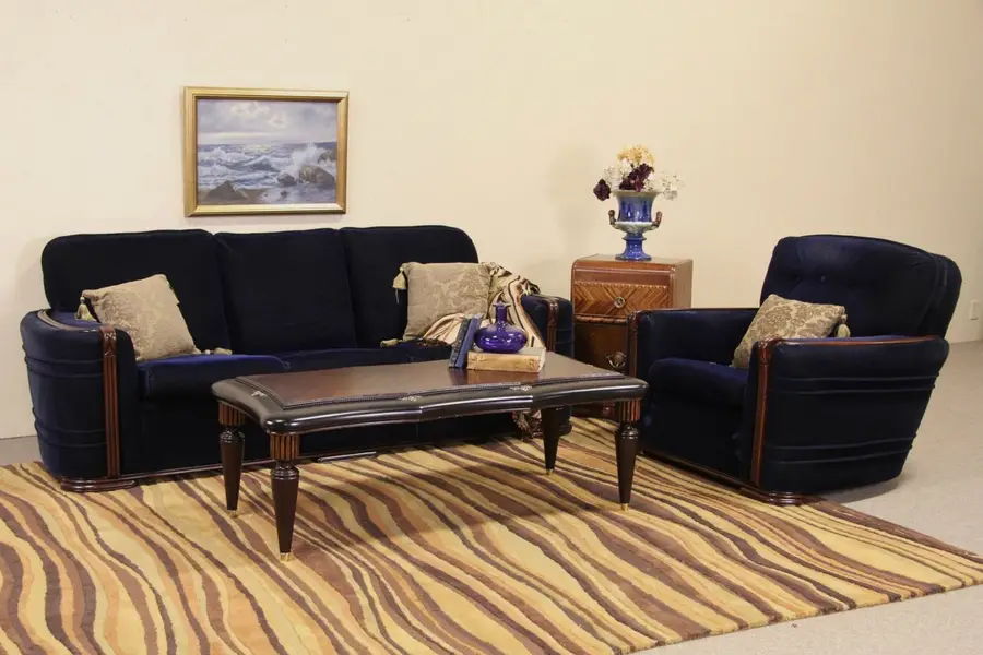 Photo of Art Deco Blue Mohair 1935 Vintage Sofa & Club Chair Set