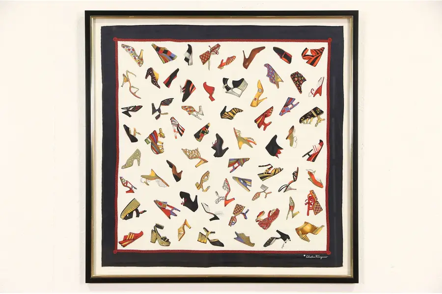 Photo of Salvatore Ferragamo Signed Shoe Motif Silk Scarf, Custom Framed