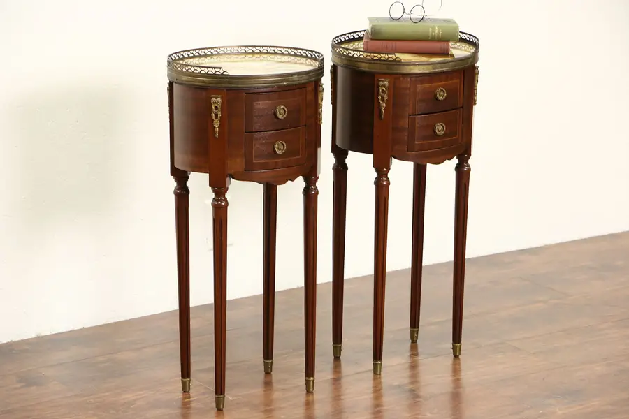 Photo of Pair Italian Oval 1915 Antique End Tables or Nightstands, Onyx Tops & Galleries