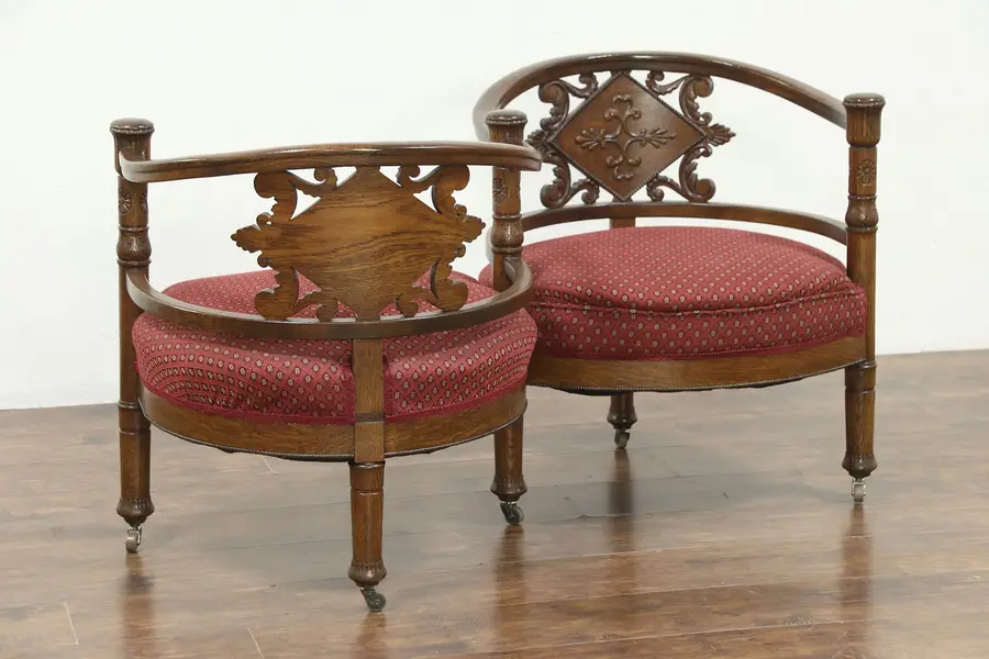 Photo of Tete a Tete Antique 1895 Oak S Shape Double Chair Sofa, Recent Upholstery