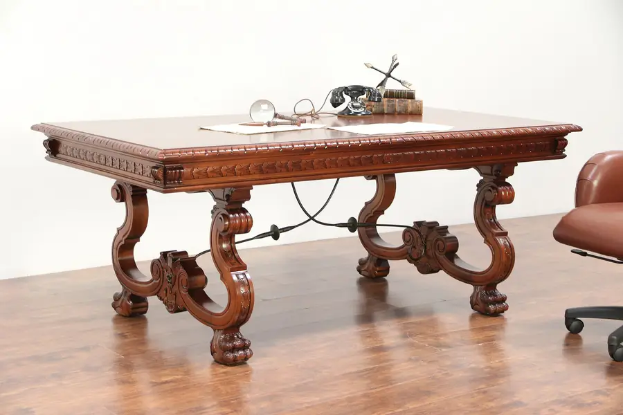 Photo of Spanish Colonial Carved Vintage Library Or Dining Table, Signed Marco