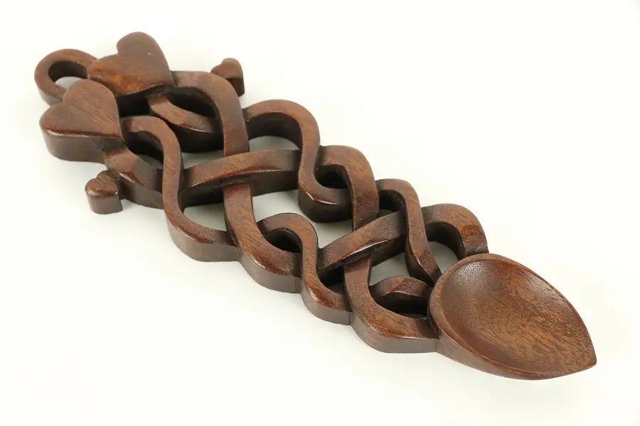 Photo of Welsh Hand Carved Mahogany Traditional Wedding Spoon, Chain & Hearts