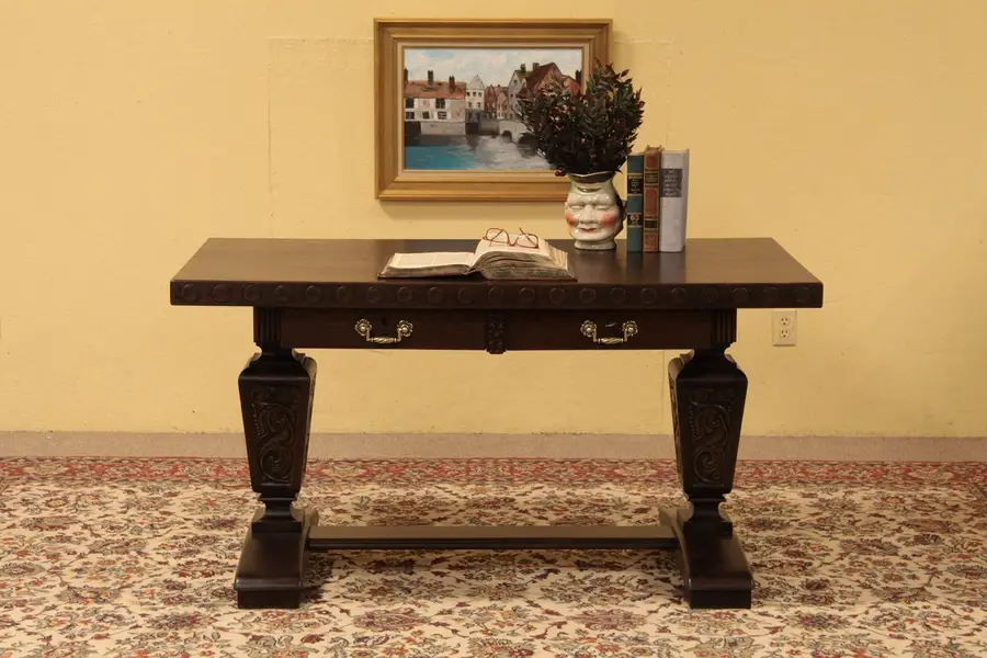 Photo of Carved Oak Library Table Writing Desk