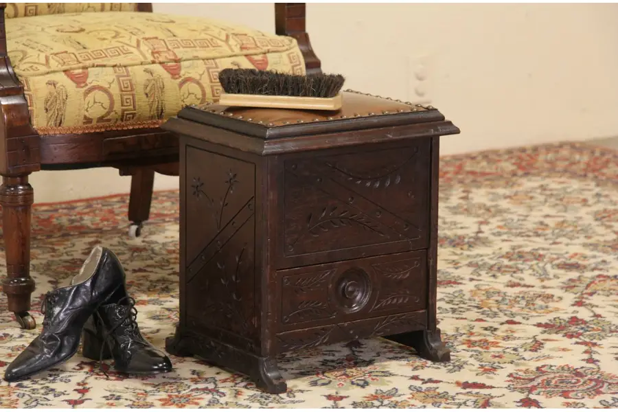 Photo of Eastlake Carved 1880 Antique Shoe Shine Stand, Leather Stool
