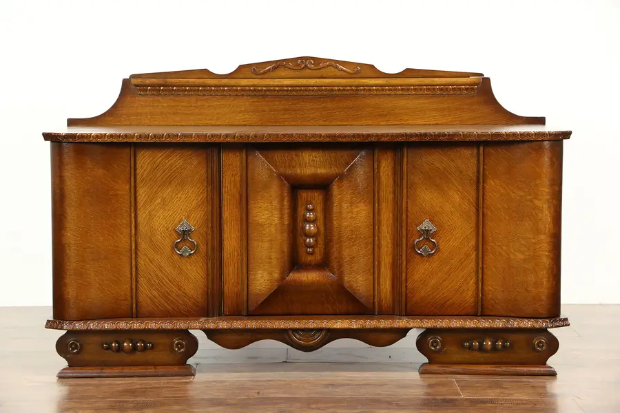 Photo of Art Deco 1930 Vintage Carved Oak TV or Hall Console or Cabinet, Italy