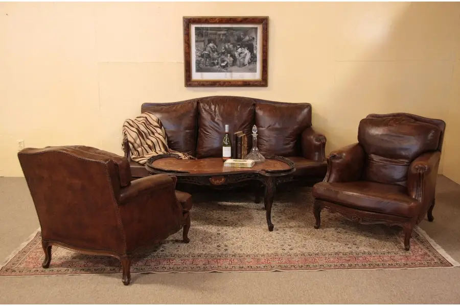 Photo of Country French Leather Sofa & Armchairs Set