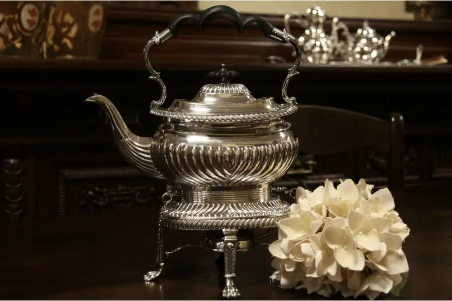 Photo of Mappin & Webb Silverplate Tilting Tea Pot or Kettle, Stand and Burner