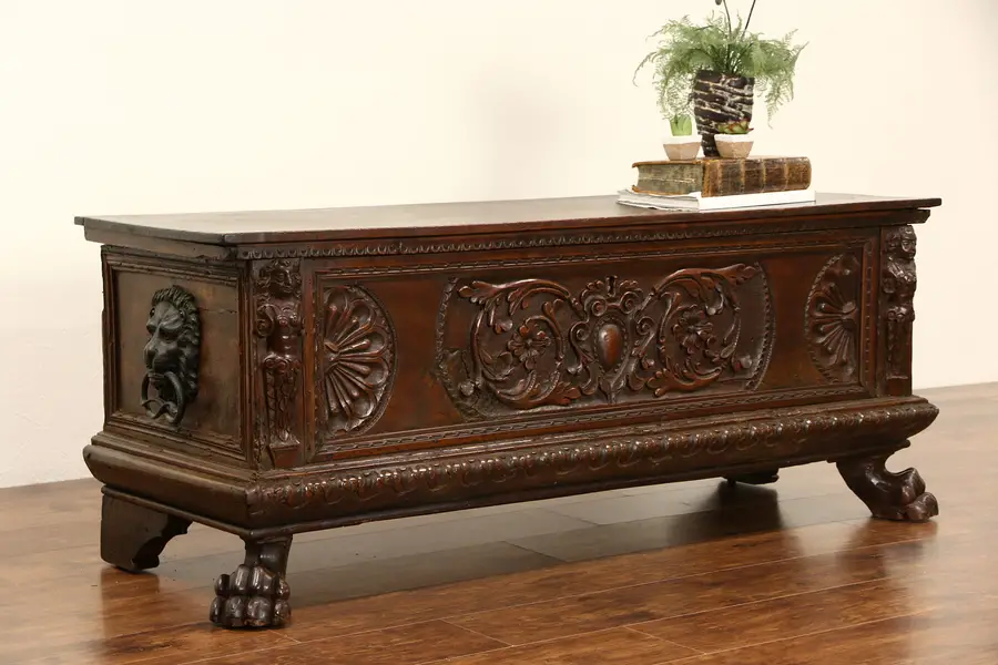 Photo of Italian Cassone 1700's Antique Dowry Chest or Trunk, Carved Figures & Paw Feet