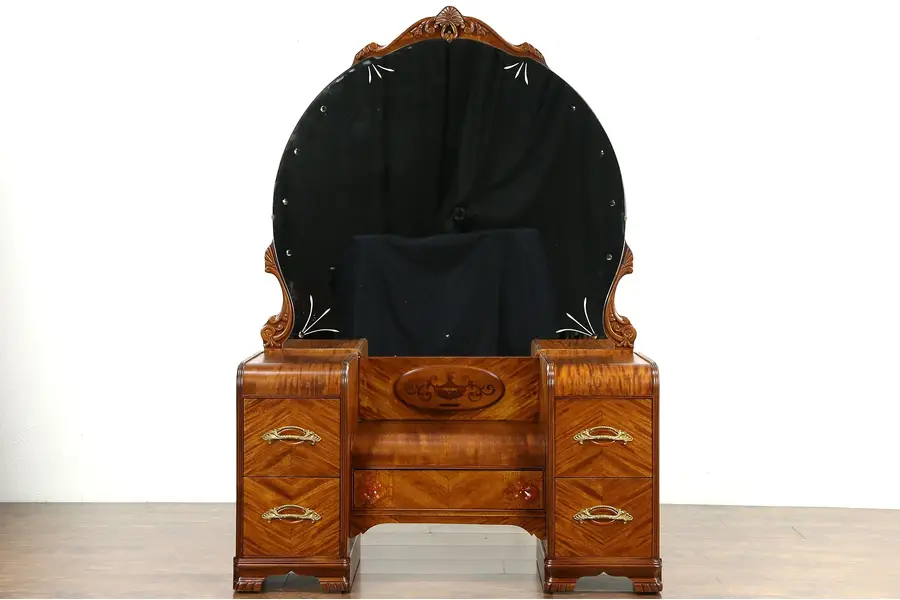 Photo of Waterfall Art Deco 1930's Vintage Dressing Table or Vanity & Mirror