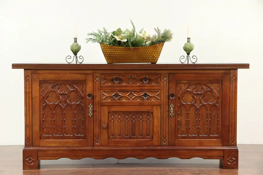 Photo of Oak Gothic Carved Antique Sideboard, Credenza or TV Console Cabinet