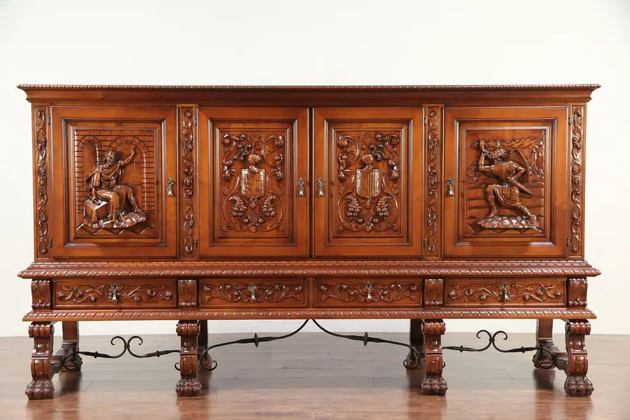Photo of Spanish Colonial Vintage Sideboard, China or Bar Cabinet, Signed Marco