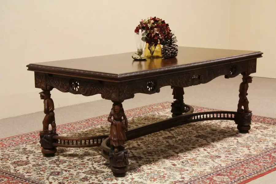 Photo of Brittany Dining or Library Table, Hand Carved Figures