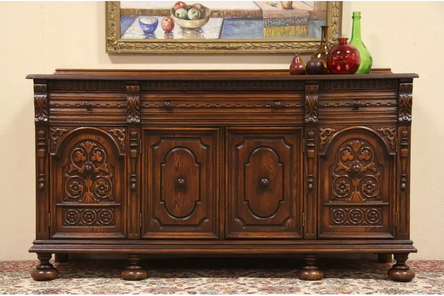 Photo of English Renaissance Carved Oak 1925 Sideboard or Server