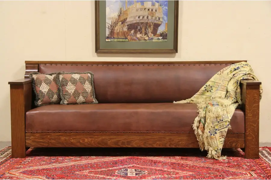 Photo of Arts & Crafts Mission Oak 1910 Antique Leather Sofa