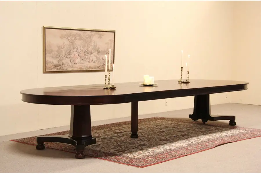 Photo of Round 5' Empire Mahogany Antique 1910 Dining Table With 9 Leaves, Extends 14'