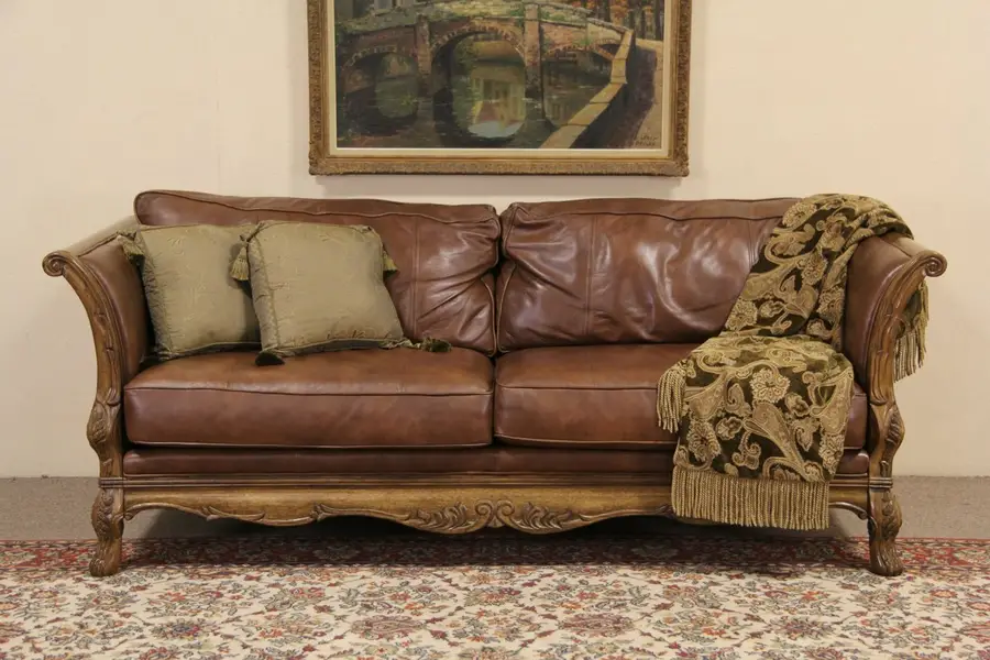Photo of Bernhardt Country French Leather & Carved Fruitwood Vintage Sofa