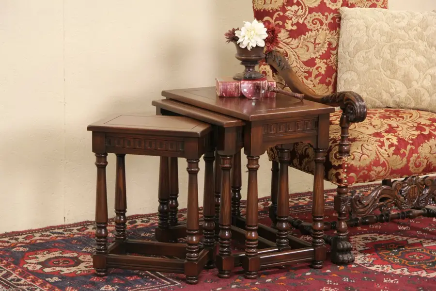 Photo of Set of 3 Oak Tudor 1920's Nesting Snack Tables