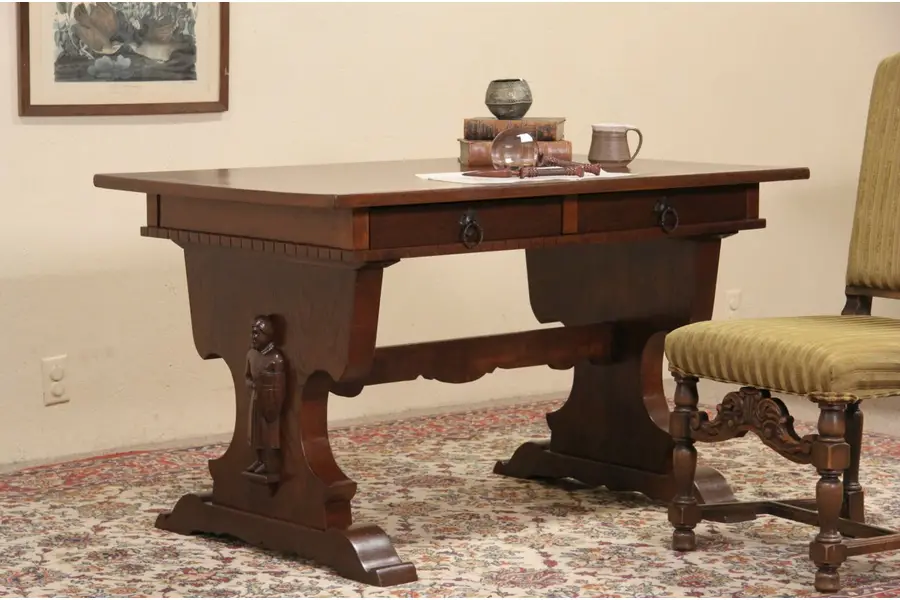 Photo of Oak 1910 Antique Writing Desk Library Table, Carved Knights