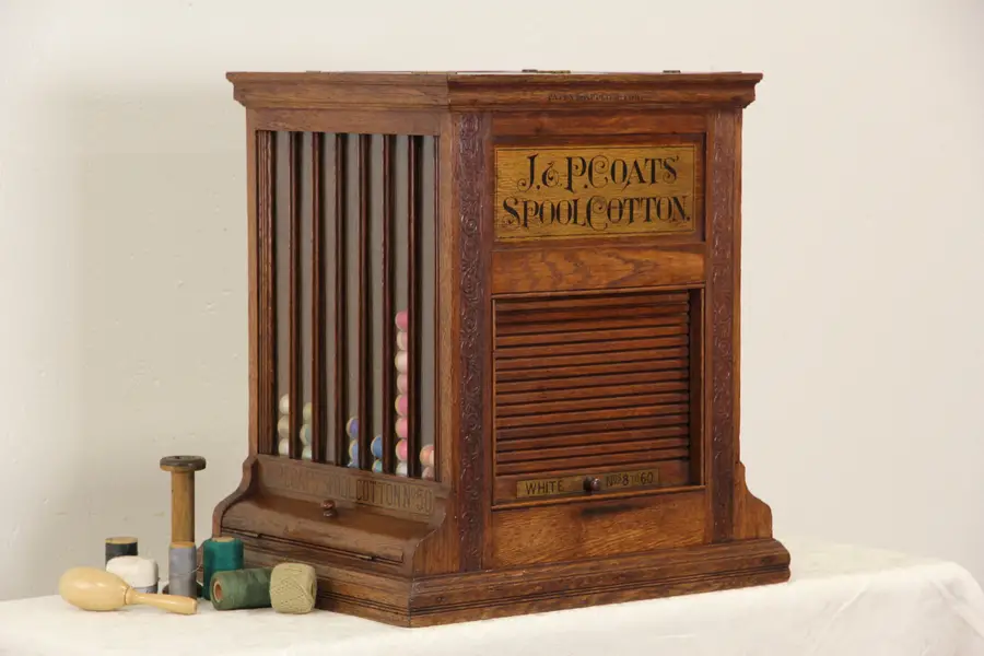Photo of J&P Coats Oak 1890's Antique 46 Color Roll Top Spool Cabinet