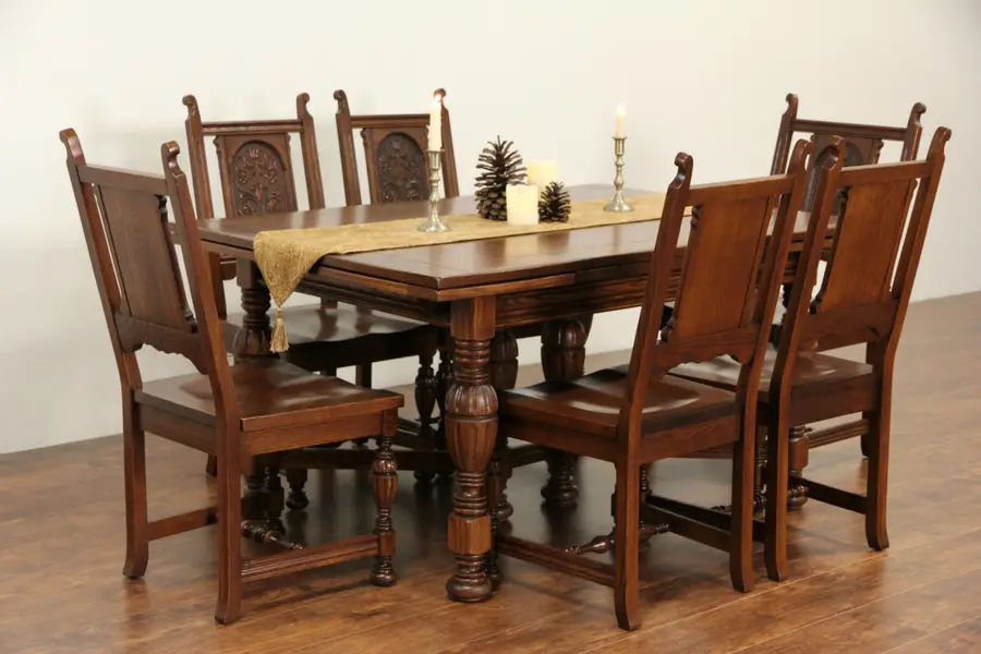 Photo of Oak English Tudor 1925 Dining Set, Table, 2 Leaves, 6 Chairs, by Northern