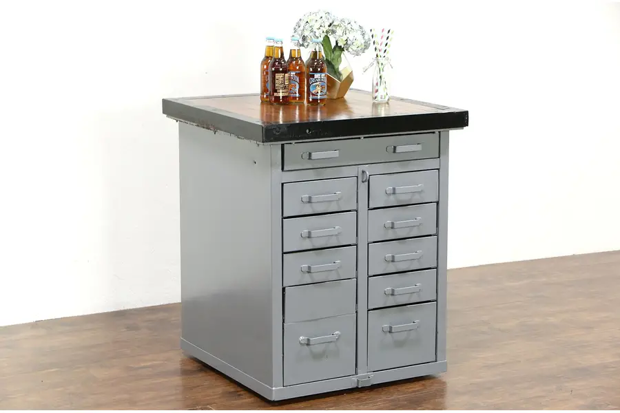 Photo of Steel Industrial Salvage Antique 1920 Cabinet or Island, Wood Top