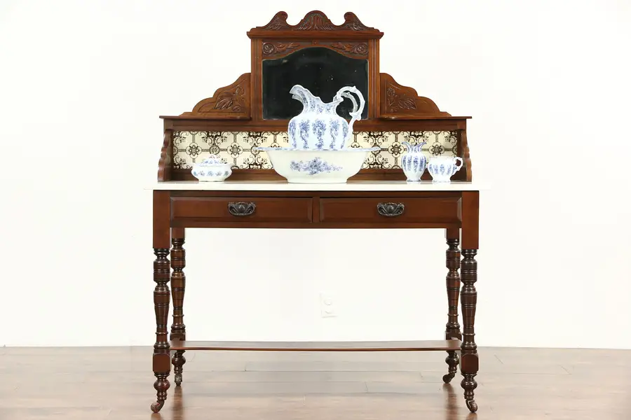 Photo of English Antique 1890 Marble & Tile Washstand, Vessel Sink Vanity or Bar Server