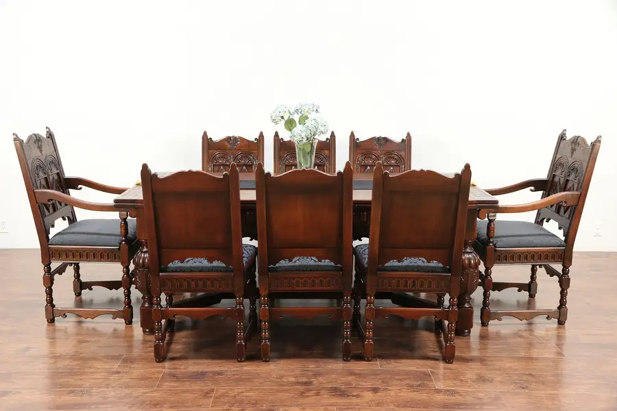 Photo of English Renaissance Antique Dining Set, Table, 8 Chairs, Signed Kittinger
