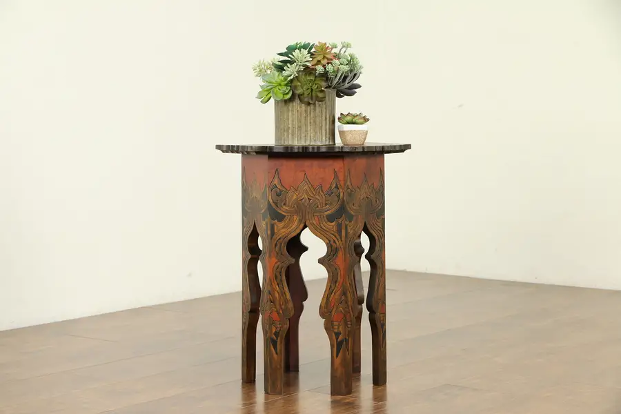 Photo of Burned Wood Design Antique Taboret or Chairside Table