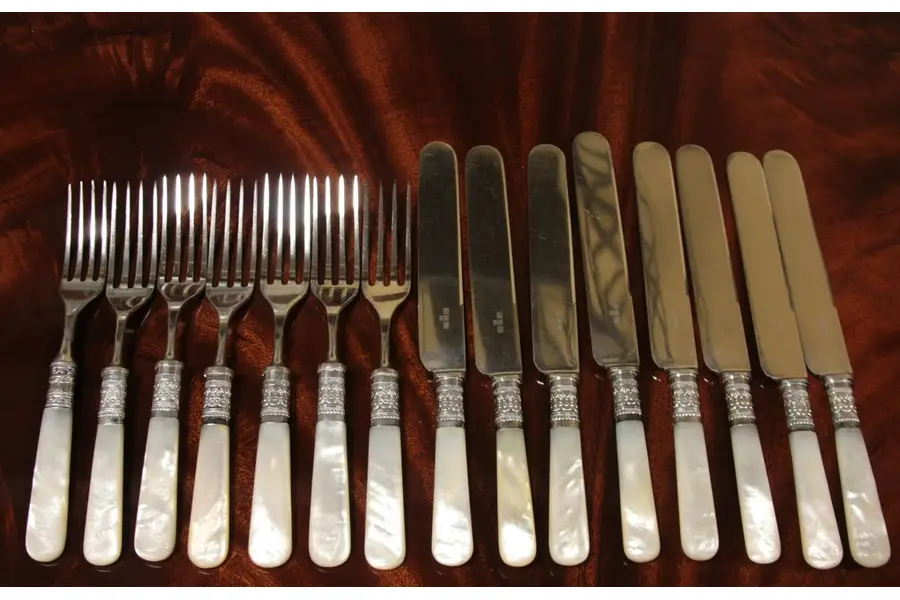 Photo of Set of Victorian Pearl Handle Silver Knives, Forks