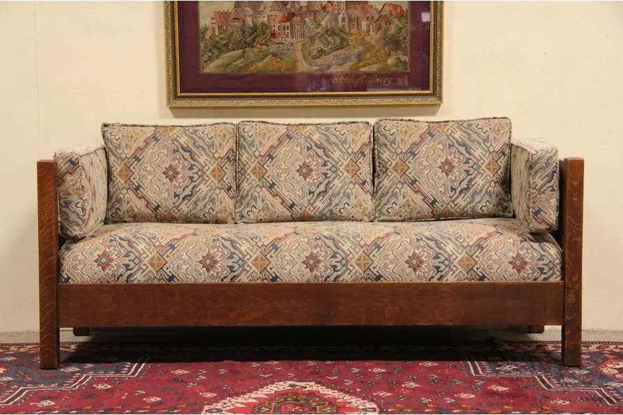 Photo of L & JG Stickley signed 1905 Antique Arts & Crafts Sofa, Down Pillow