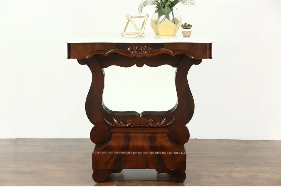 Photo of Empire 1840 Antique Hall Console Table or Petticoat Mirror, Mahogany and Marble