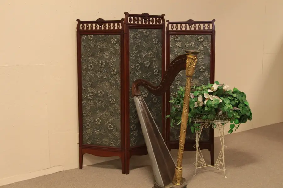 Photo of Victorian Antique Cherry & Leather Triple Screen