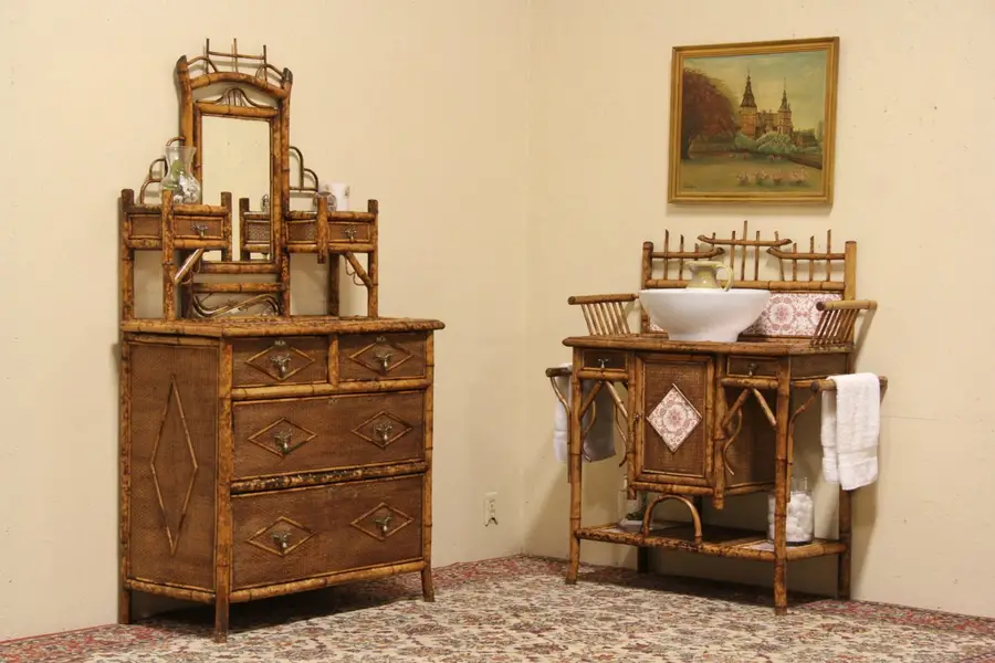 Photo of Bamboo & Tile 1880 Antique Chest or Dresser and Washstand Bedroom Set