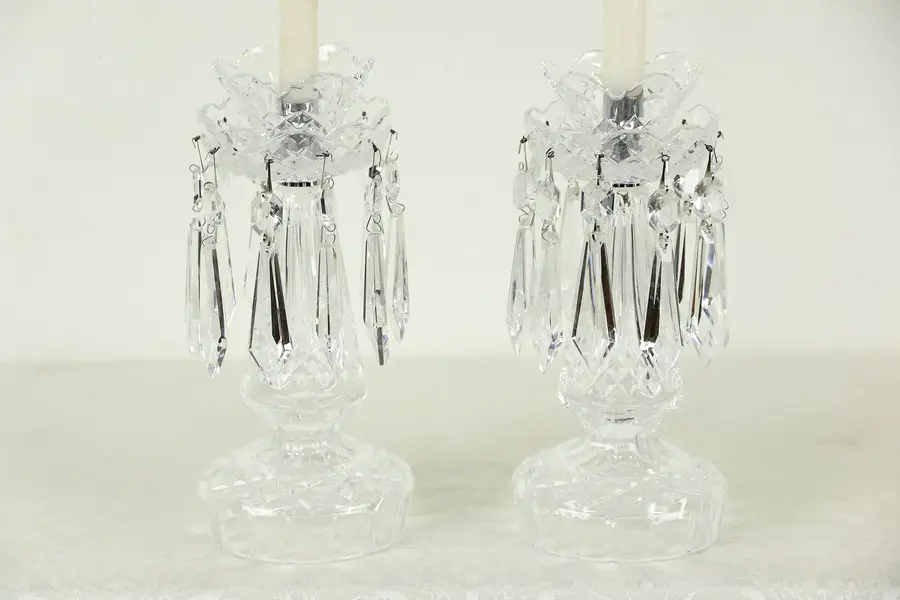 Photo of Pair of Waterford Signed Cut Crystal Candlesticks with Prisms