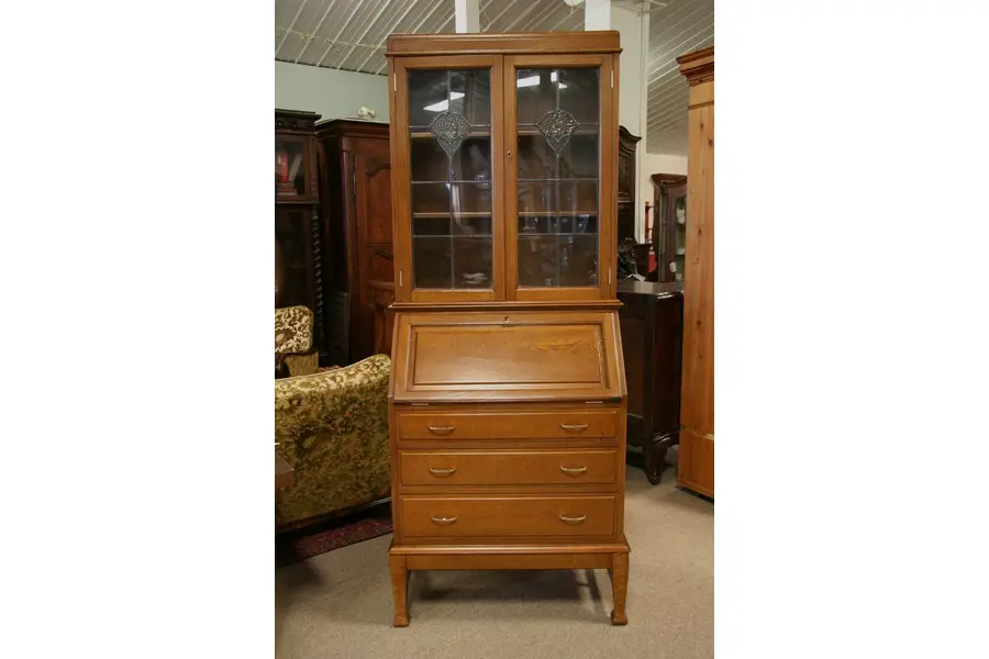 Photo of Oak Secretary Desk with Leaded Glass Doors