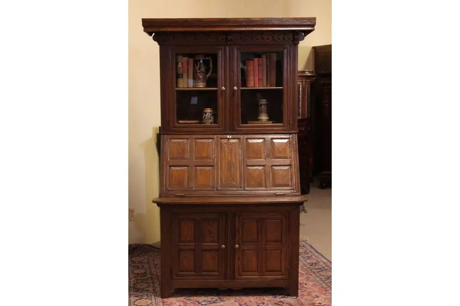 Photo of Folk Carved Country Oak Secretary Desk & Bookcase