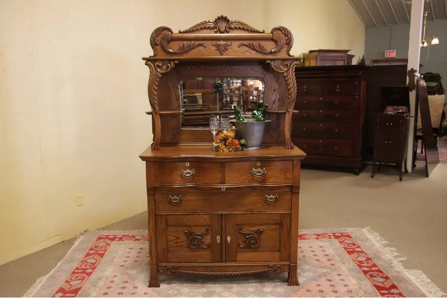 Photo of Victorian Oak Sideboard Buffet, Gallery with Mirror